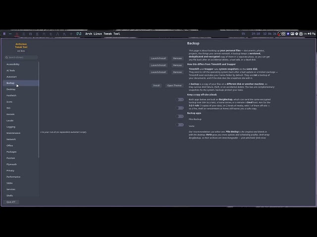 KIRO 096 : Accessibility and backup tools added to ArchLinux Tweak Tool from your ideas