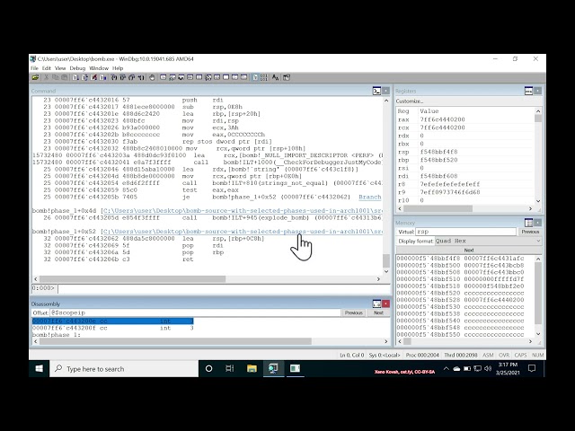 CMU Binary Bomb Lab: Phase 1 Example in WinDbg - Architecture 1001: x86-64 Assembly