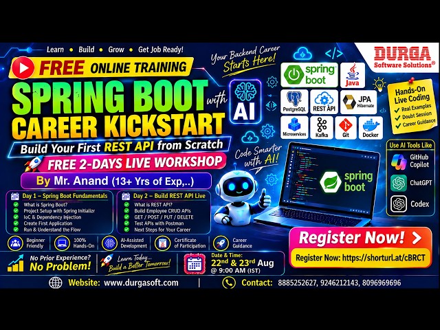 SPRING BOOT with AI Career Kickstart (FREE 2-Days LIVE Workshop) Online Training @ DURGASOFT