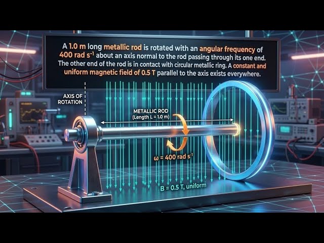 Q6.5: A 1.0 m long metallic rod is rotated with an angular frequency of 400 rad s⁻¹ @VEDANTA_PHYSICS