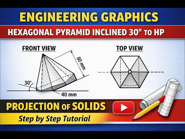 Engineering Graphics: Hexagonal Pyramid Inclined 30° to HP | Projection of Solids (Step by Step)