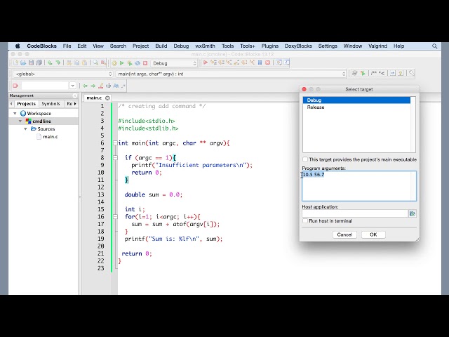 105 How to pass command line arguments in Codeblocks