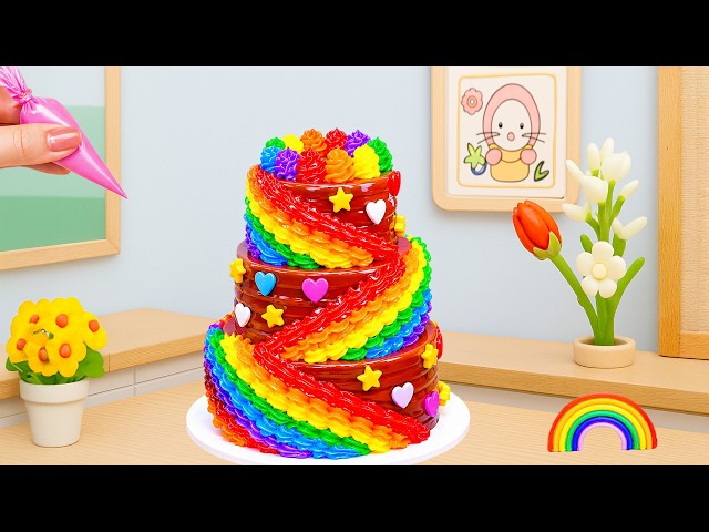 Beautiful Rainbow Layers Cake 🌈 Smooth Chocolate Drip & Satisfying Topping by Tiny Yum Cakes