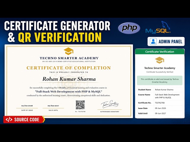 Certificate generator with QR verification & admin panel source code | PHP & MYSQL Full Project