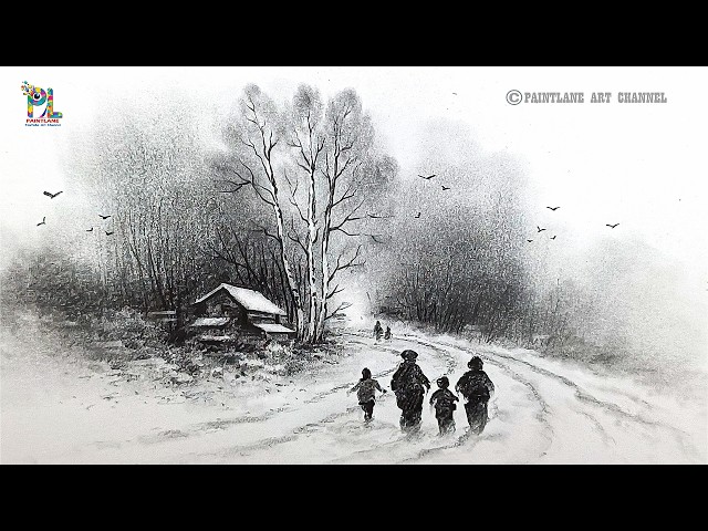 Beautiful Winter Landscape Drawing with Pencil | Easy Snow Scene Art Tutorial | Pencil Art