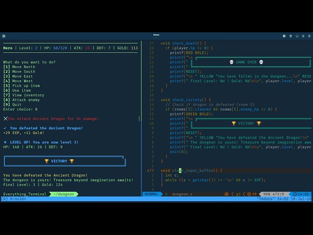 I Built a Complete RPG Game in C (It Looks AMAZING in Terminal) | Neovim, tmux & ASMR Coding
