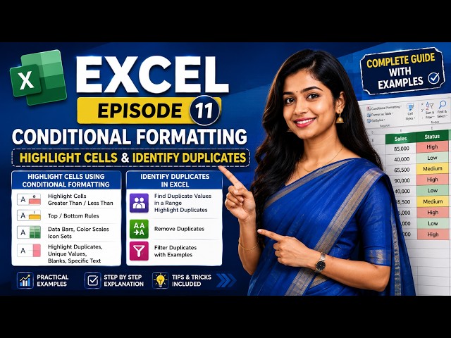 Excel Telugu Episode 11 🔥 | Conditional Formatting | Highlight Cells, Duplicates & More |By Ruchitha