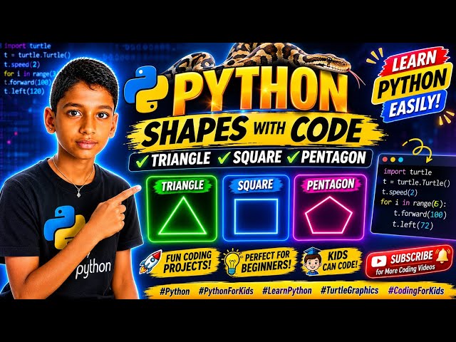 🐍 Python for Kids: Draw TRIANGLE, SQUARE & PENTAGON with Turtle! 🚀 | Easy Coding | #viral #trending 
