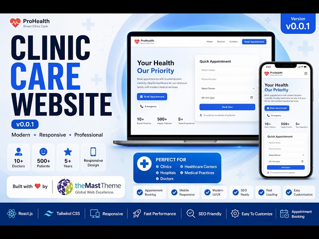 Clinic Care Website | Modern Medical Website Template | React & Tailwind CSS | Responsive Design