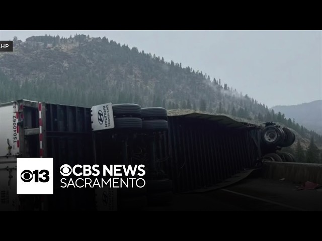 Big rig dangles from I-80 bridge in Nevada County