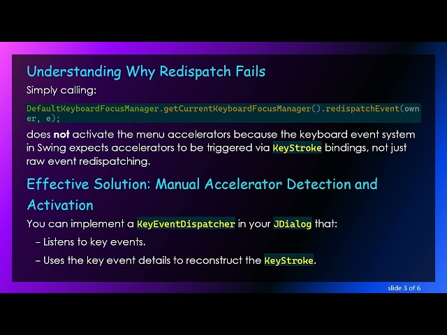 Resolving JDialog Focus Issues Affecting JFrame MenuItem Accelerators