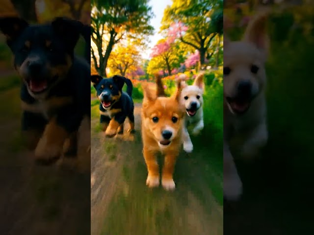 Chasing Joy: Adorable Puppies Dash Through a Sunlit Forest in Magical Slow Motion #cutepets