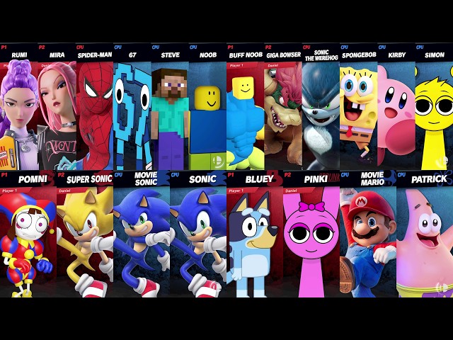 Sonic vs Mario vs Minecraft vs Roblox vs Spider-Man vs Bluey vs 67 vs SpongeBob | Super Smash Bros