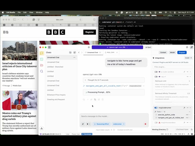 OpenAI gpt-oss-20b model running on an M3 MacBook Air with tool calling