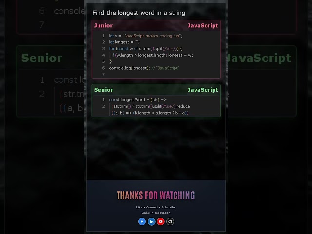 Longest Word in JavaScript | Junior vs Senior (Loop vs Reduce)