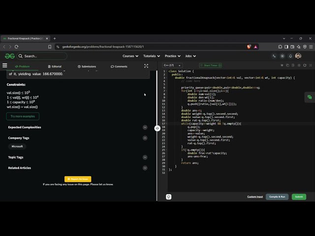 Fractional Knapsack | GFG Solution in C++ | Greedy Approach Explained