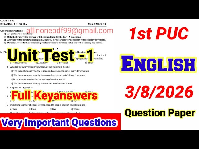 1st PUC English Unit Test 1 Question Paper 2026 with answers kseab