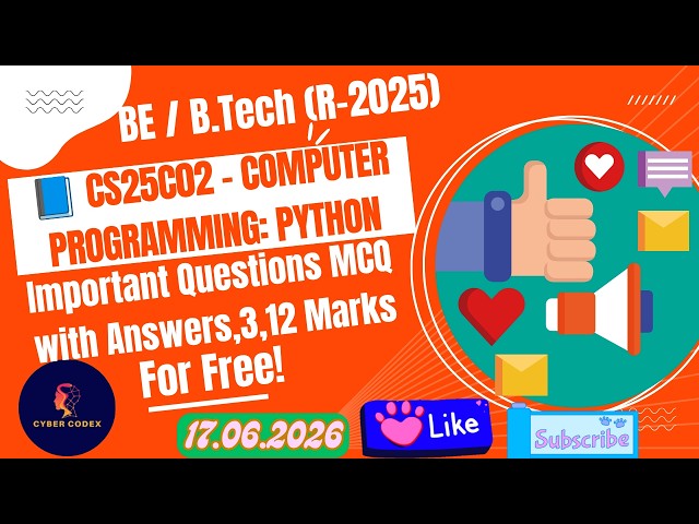 CS25C02 Computer Programming Python Important Questions| Pass in One Day|Unit Wise MCQ, 2 & 12 Marks