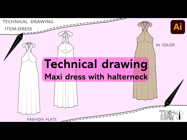 Fashion technical drawing Maxi dress with halter-neck on illustrator [ TECHDRAW ]