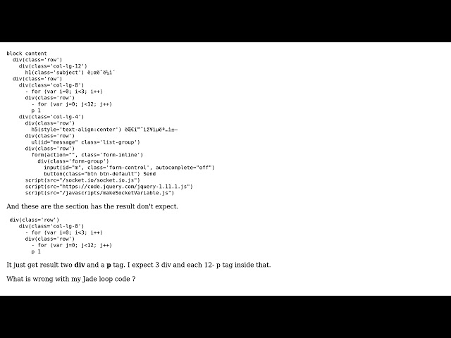 What is wrong with my Jade for loop code?
