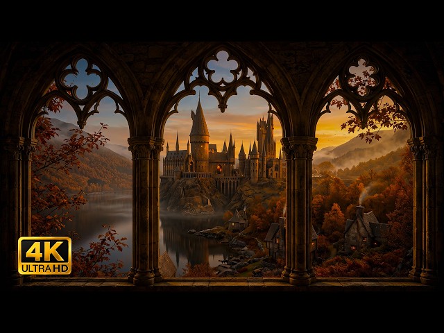 Autumn Window View of Hogwarts Castle 🍂🏰 Cozy Fall Ambience with Birdsong & Wind for Sleep & Relax