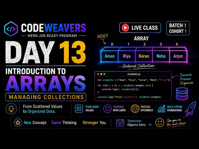 Day 13 | Introduction to Arrays | JavaScript Arrays, Indexing & Traversal | CodeWeavers