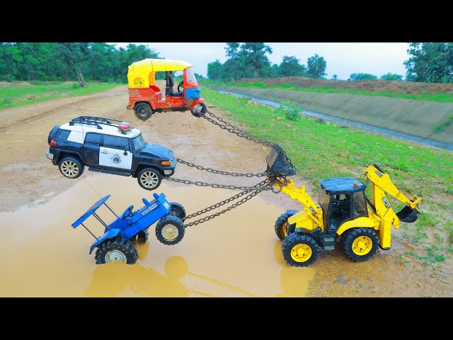 POLICE Car Big Tipper TVS Auto Rickshaw Massey Tractor Accident Muddy Roadway Pulling JCB ? CS Toy 