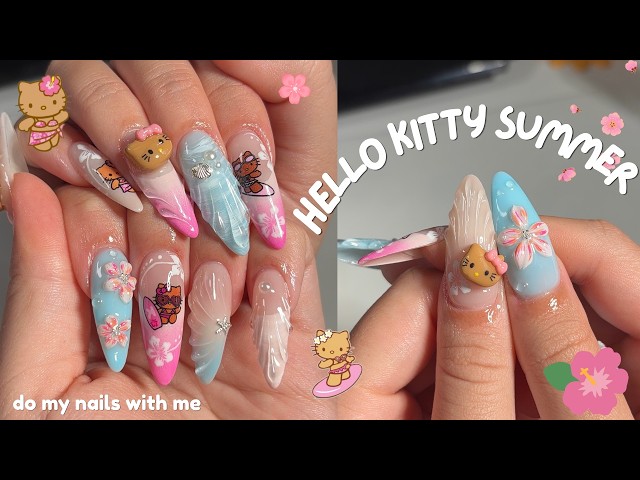 do my nails with me ⋆｡𖦹 °.🐚⋆❀˖° hello kitty summer themed, 3d nail art + mini nail supply haul🌺