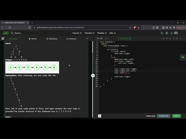 Flatten Binary Tree to Linked List | GFG Solution in C++ | Preorder Traversal Approach