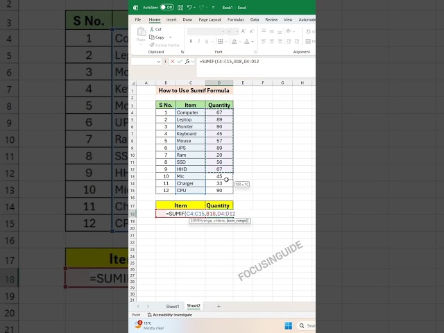 SUMIF Formula in excel | advanced excel tutorial #focusinguide #exceltips #shorts
