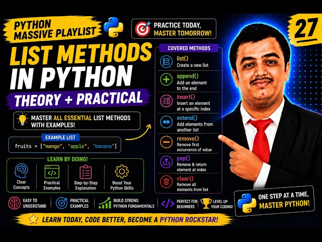 Python Video 27🐍 Python List Methods Explained 🚀|append(), insert(), extend(),remove(),pop(),clear()
