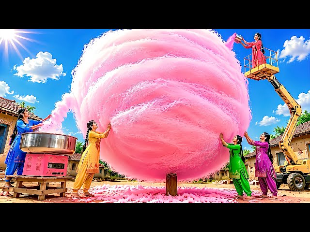 🍭 5 Sisters Made the World’s Biggest 30 FT Cotton Candy for the Village ! 😱 #cottoncandy #village