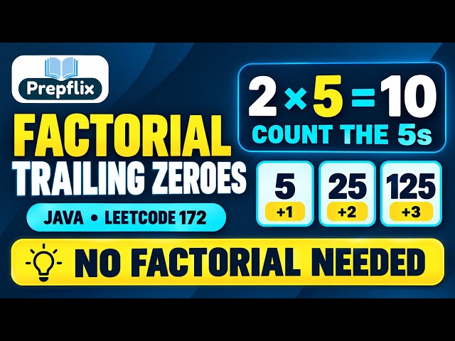 Factorial Trailing Zeroes in Java | Count Powers of Five | LeetCode 172 | Prepflix