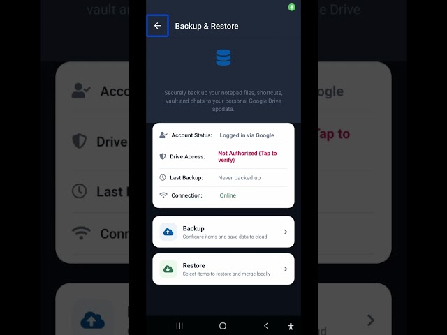 Backup notes links on tech assistant for blind backup and restore setting explain very accessible 