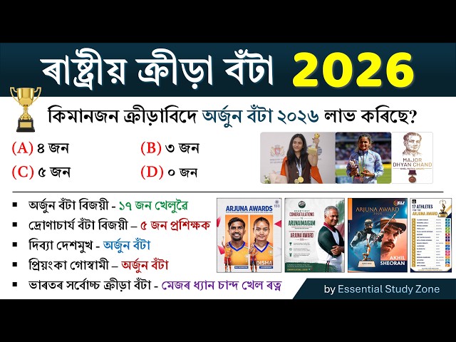 National Sports Awards 2026 | ৰাষ্ট্ৰীয় ক্ৰীড়া বঁটা ২০২৬ | Sports Current Affairs 2026 | MCQs ❤️