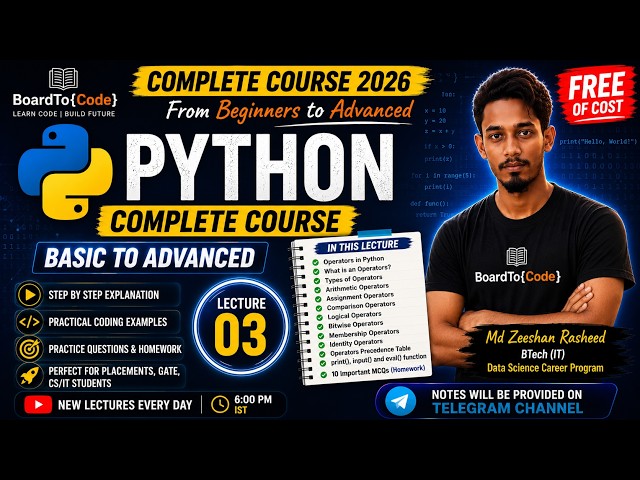 Python Complete Course 2026🔥| Lecture 3 | Operators in Python | Hindi | FREE | BoardToCode