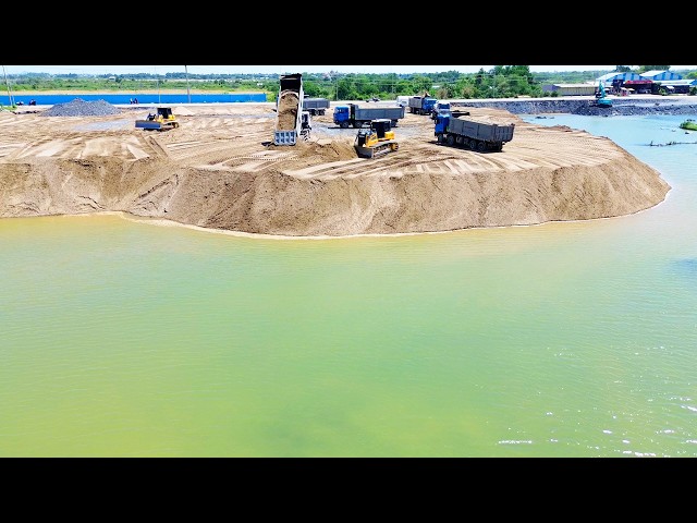 Massive Sandfill! Extreme Shantui Dozer Pushing Sand Skills & Dump Trucks Dumping Nonstop