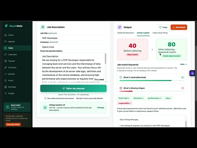 How a PHP Developer Boosted Resume ATS Score from 40 to 80 With Tailored Cover Letter & AI Prep