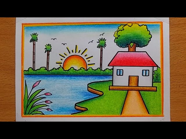 Landscape scenery drawing| Village scenery drawing with colour| House scenery drawing easy 