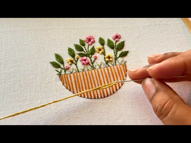 Hand Embroidery Designs Flower Bucket Pattern/Beginner Friendly Tutorial/Embroidery/bordado a mano