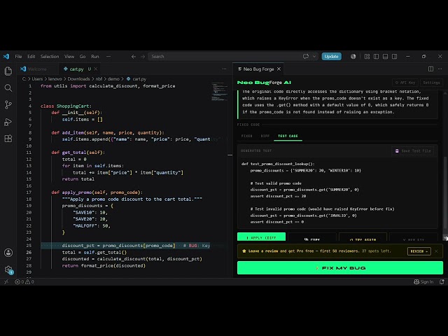 Neo Bug Forge v1.4.4 Demo: Fix Broken Code in Seconds with Lightbulb + Cursor