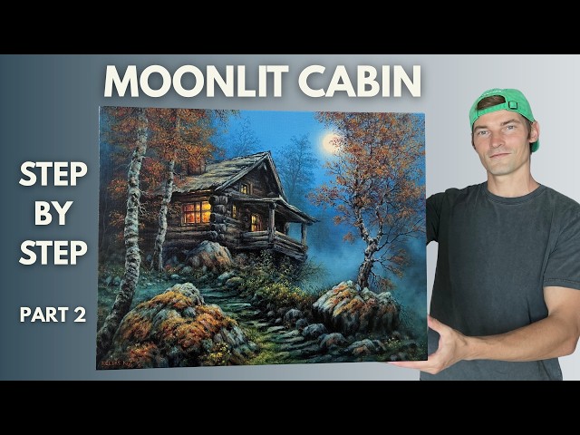 Moonlit Cabin STEP by STEP Acrylic Painting Tutorial | Log Cabin & Glowing Windows