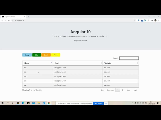 Angular 10 datatables with csv, excel and print buttons