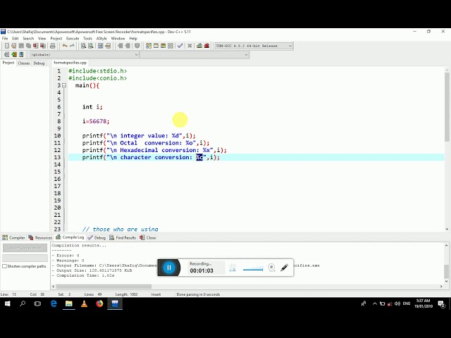 Format Specifier, Integerm, Octal , Hexadecimal and character conversion C and C++ programming