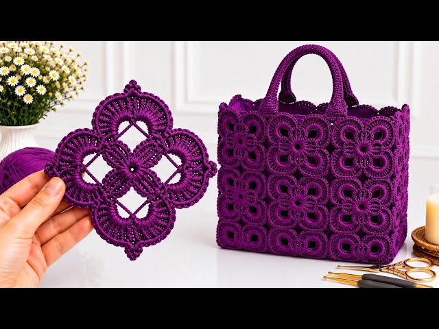 Easy Crochet Lace Flower Motif Bag | Blanket, Table Runner &Coaster Pattern. 💜 Motif splicing