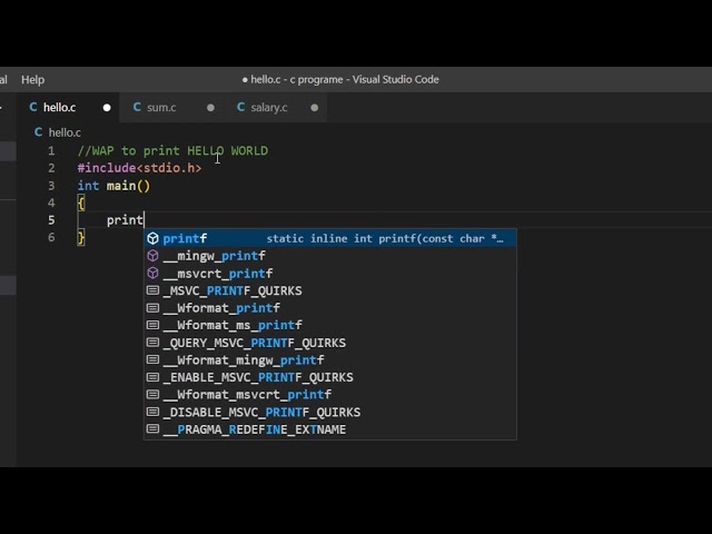 Hello world in c using vs code