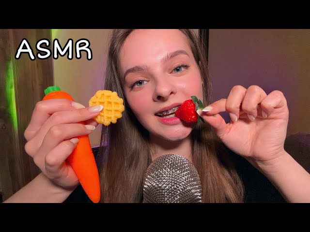 ASMR Fake Food Eating 👅🧇🍓 (waffle, strawberry, carrot) Mouth Sounds
