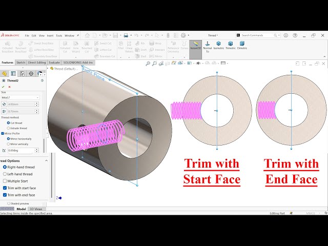 SolidWorks Thread Tutorial-Trim with Start Face and Trim with End Face