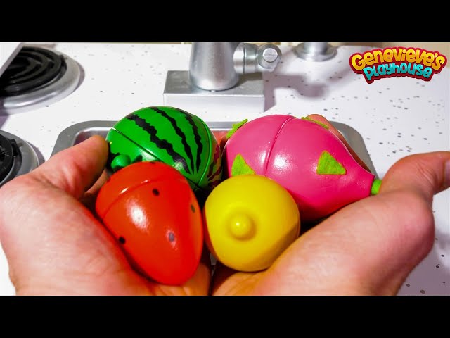 Learn Fruit and Vegetable Names for Kids with Toy Kitchen Cooking Party and Learn Real Fruit Names!