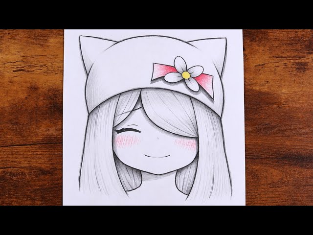 How to Draw a Cute Smiling Anime Girl with a Cat Hat EASY | Full PROCESS 